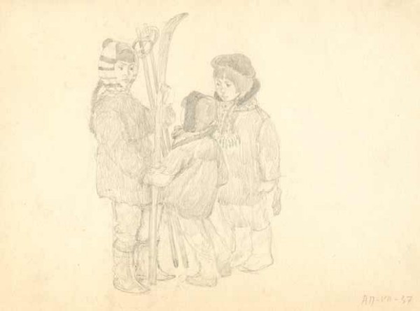 Картина Пахомов А.Ф. Юные лыжники. 1937 г. Бумага, карандаш.