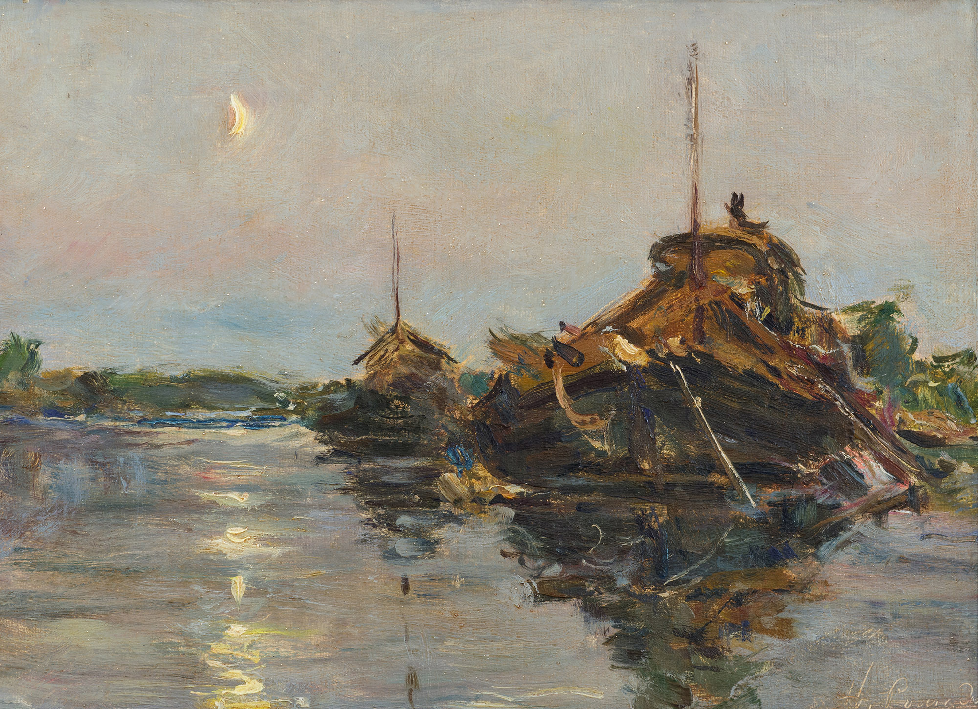 Картина Ромадин Н.М. Лунная ночь на реке. Третья четверть ХХ века. Картон, масло.