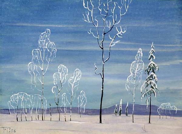 Trees among the winter expanse.