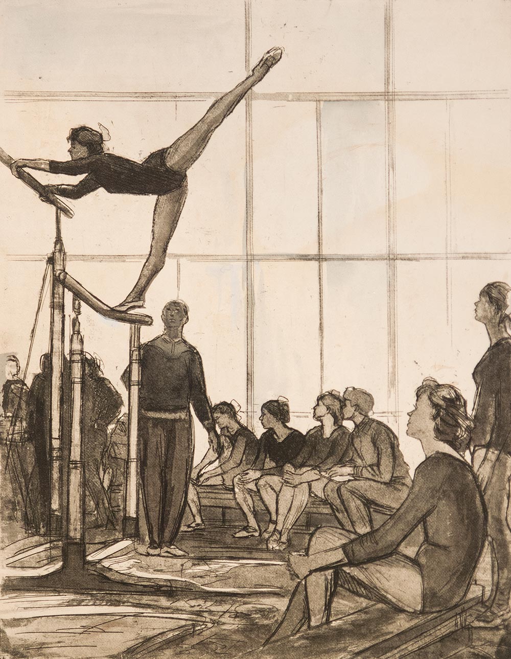 Картина Ройтер М.Г. На брусьях. 1961 г. Офорт
