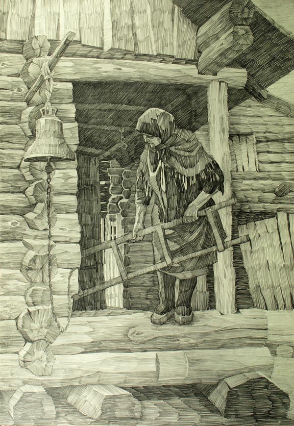 Картина Комаров В.В. Хозяюшка. 1977 г. б.уголь