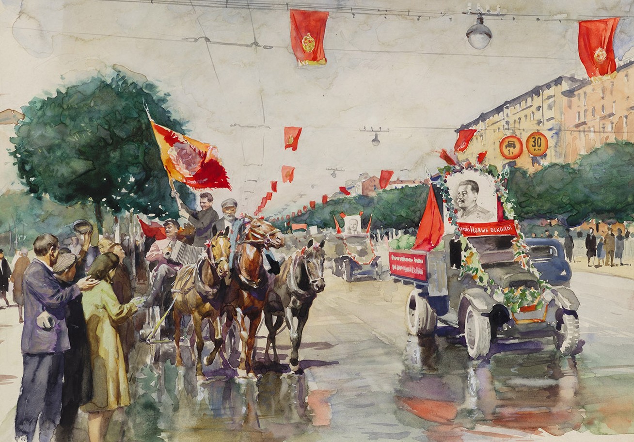 Картина Гринштейн И.Х. Первомайская демонстрация в Москве. 1947 г. Бумага, акварель.