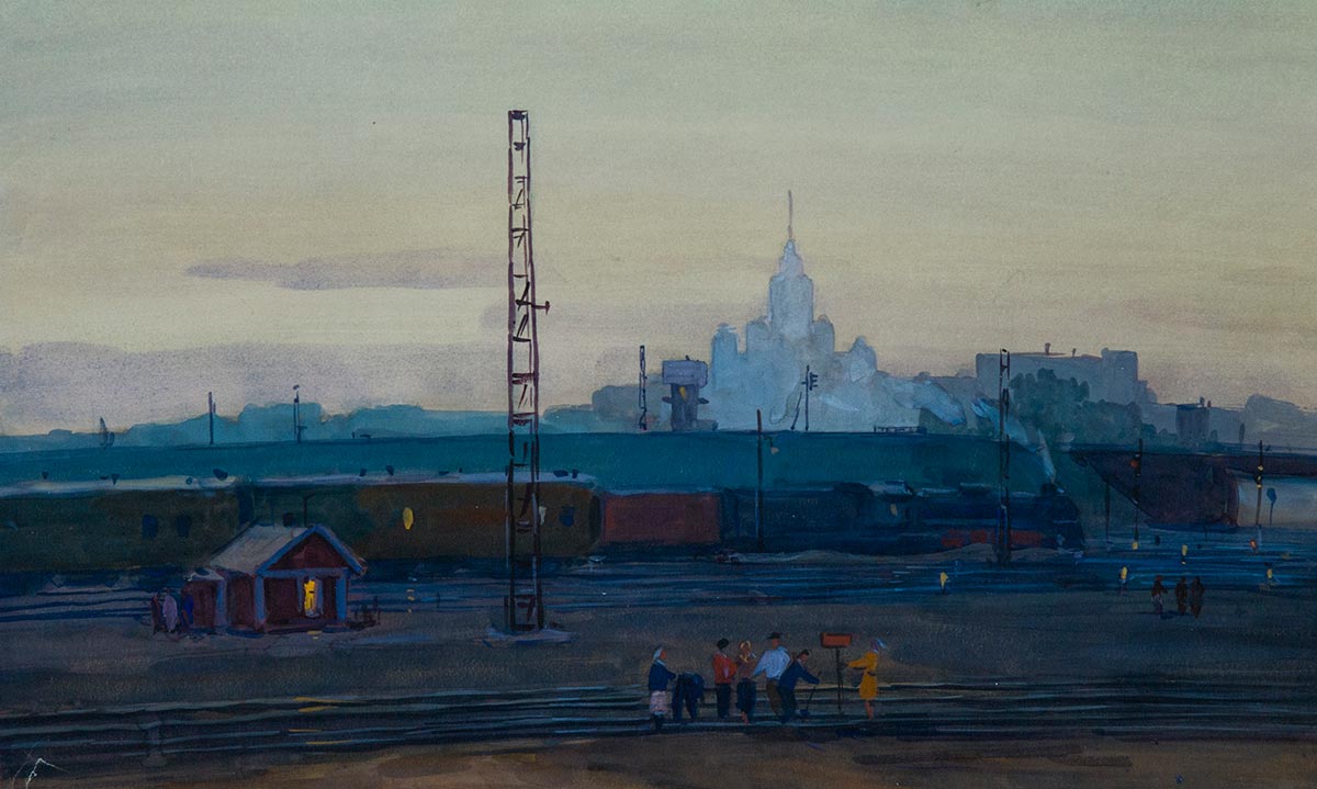 Картина Дородницын В.П. Вид на высотку от Московской окружной дороги. 1960-е гг. Бумага, акварель.