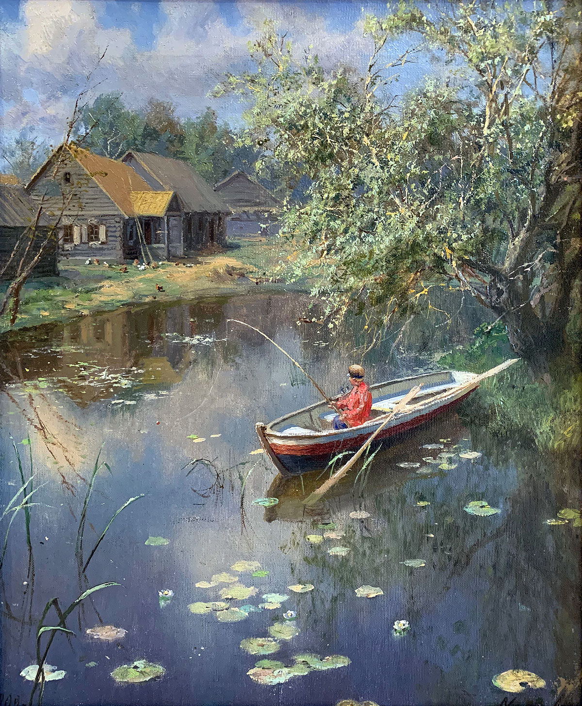 Landscape with a fisherman. (On a pond in the village).