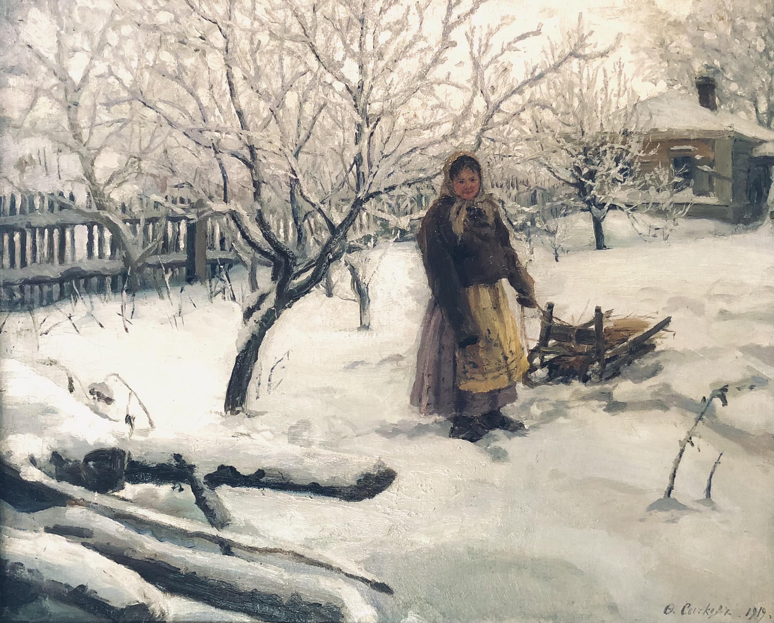 Картина Сычков Ф.В. Зима в деревне. 1919 г. Холст на картоне, масло.