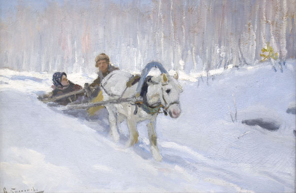 Картина Степанов А.С. В санях. 1900-1910-е гг. Картон, масло.