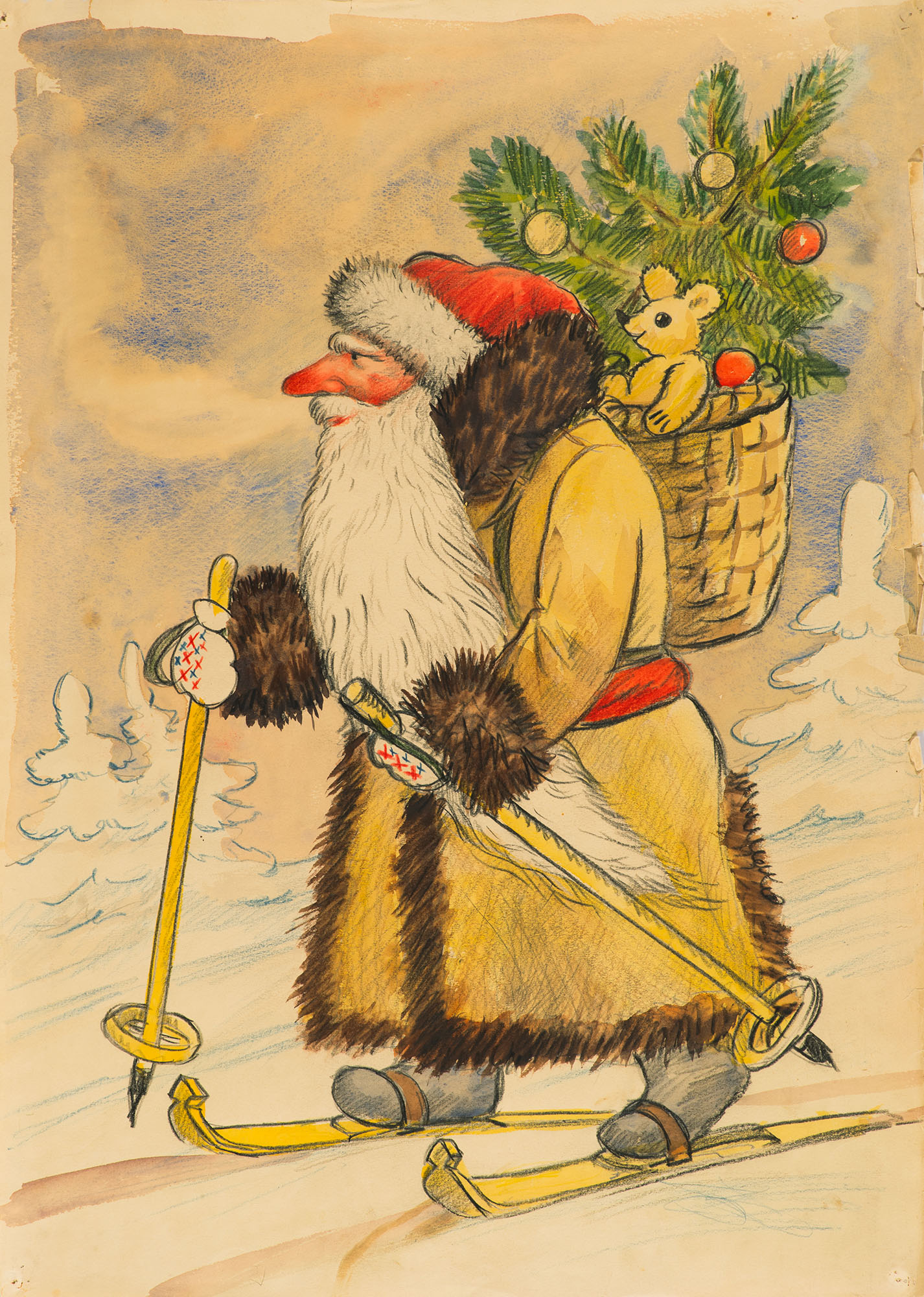 Santa Claus with a Christmas tree.