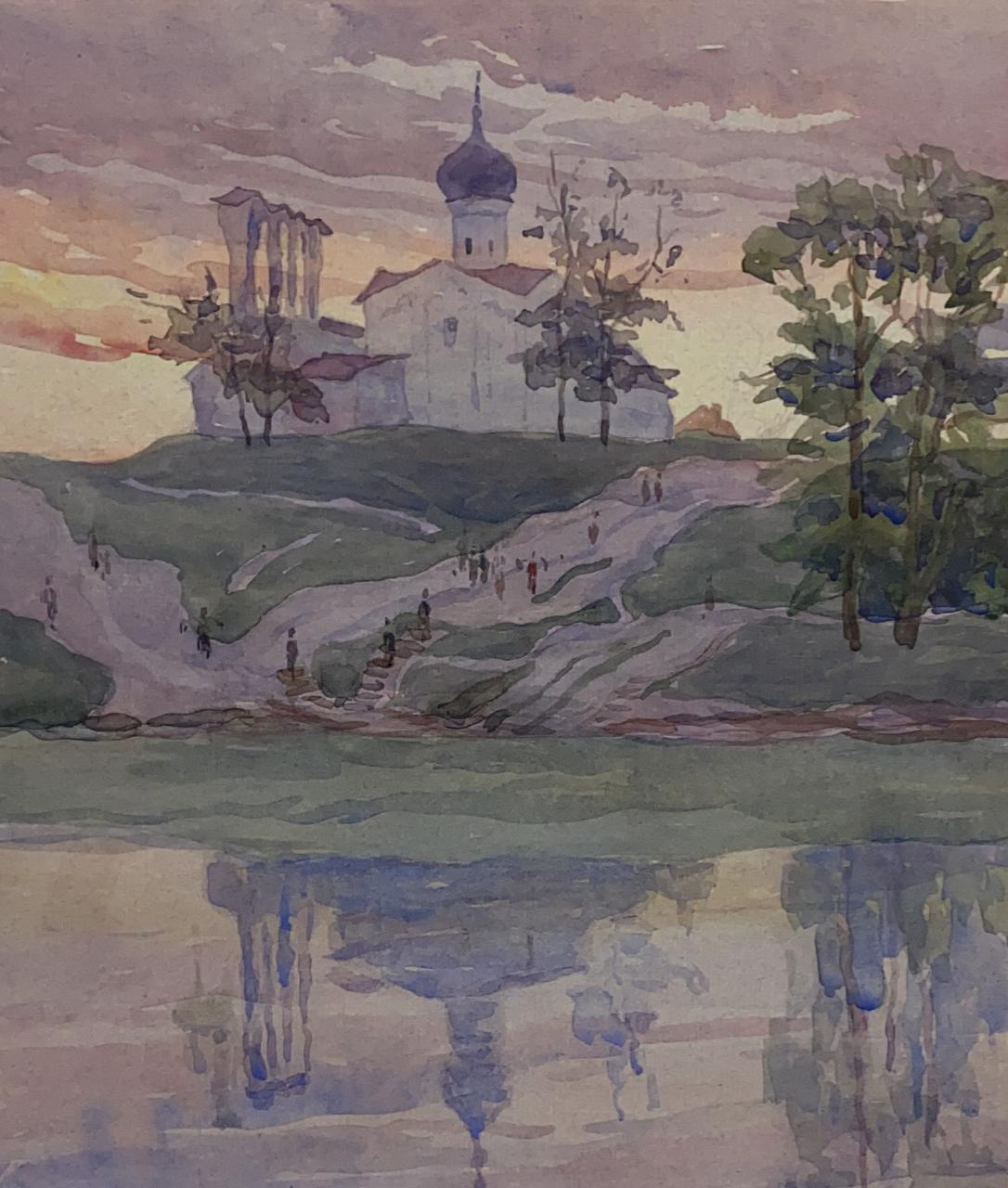 Картина Ромодановская А.А. Псков. Церковь Богоявления на Запсковье. XV век. 1956 г. Бумага, акварель.