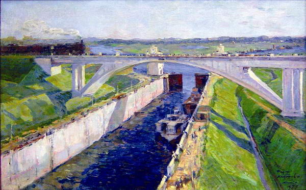 Картина Модоров Ф.А. "Шлюз «Тушино» Канал Москва-Волга" 1937 Холст, масло.