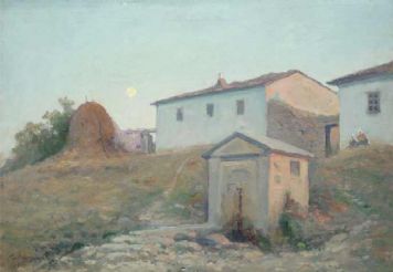 Вечерний пейзаж с фонтаноми и луной.