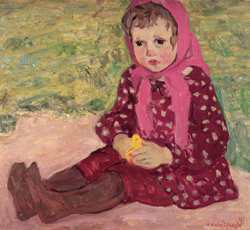 Картина Шевандронова И.В. Девочка с игрушкой. 1971 г. Картон, масло.
