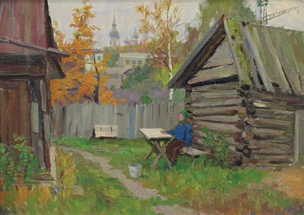 Картина Козлов И.А. Дворик.  Картон, масло