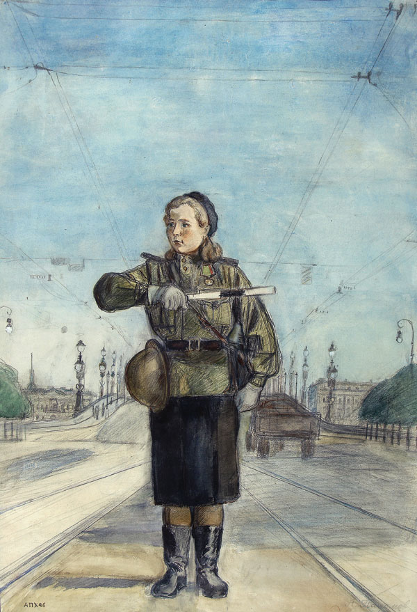 Картина Пахомов А.Ф. Регулировщица. Послевоенный Ленинград. 1946 г. Бумага, см. техника.