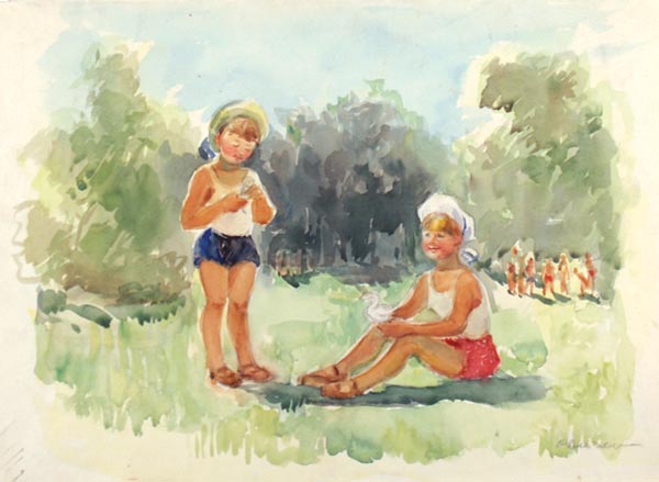 Картина Дейнеко О.К. Дети. 1960 г. Бумага, акварель.