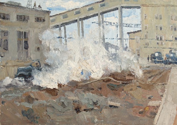 Картина Ермолин Р.Н. Стройиндустрия.  Картон, масло.