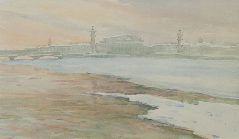 Картина Ромодановская А.А. Ленинград. Туман. 1958 г. Бумага, акварель.