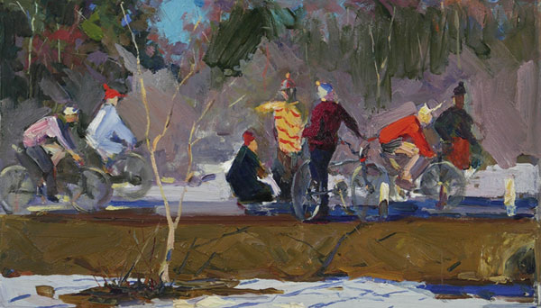 Картина Филимонов В.А. Велосипедисты. 1953-54 гг. Картон, масло.