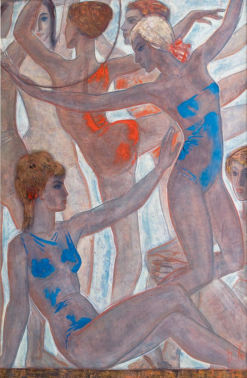 Картина Пугачев Ю.В. Гимнастки. 1970 г. Бумага на фанере, темпера, гравитный карандаш, ПВА.
