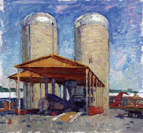 Картина Тарелкин Б.И. Силосная башня. 1969 г. Картон, масло.