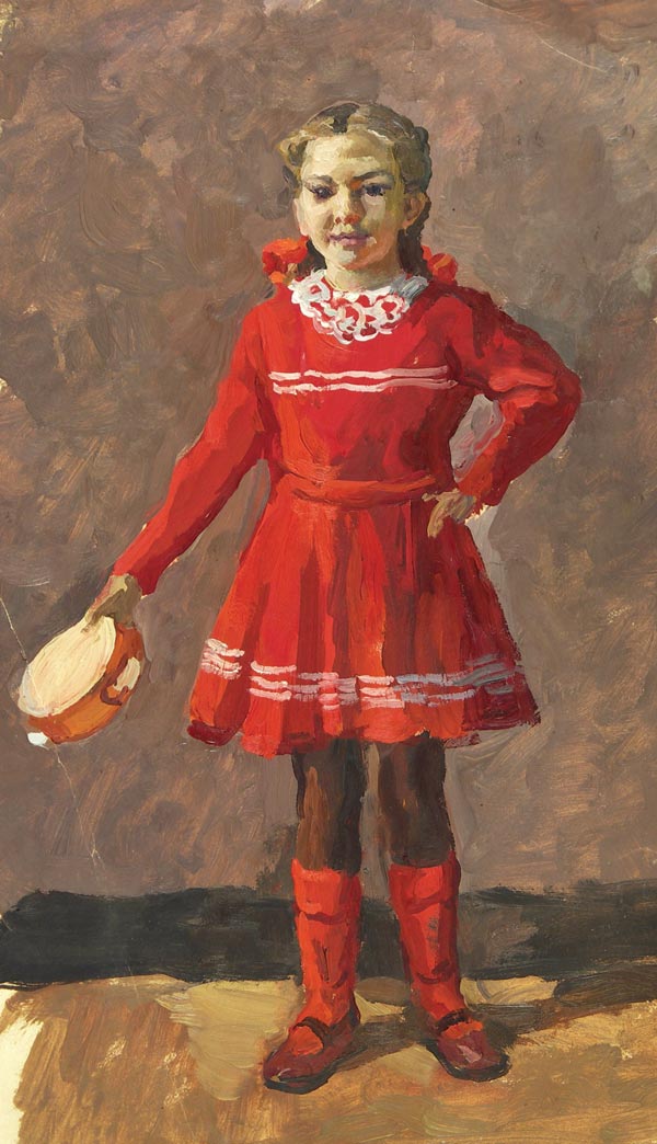 Картина Иванов В.И. Девочка с бубном. 1960-е гг. Бумага, масло.