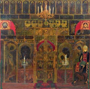 Картина Браиловский Л.М., Браиловская Р.Н. В монастыре. 1921 г. Картон, масло.