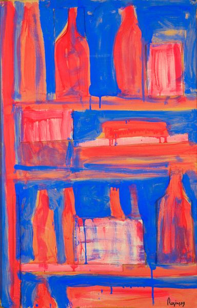 Red bottles on a blue background.