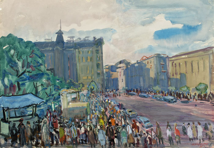 Картина Месропян Б.А. Москва. Улица Петровка. 1965 г. Бумага, см. техника.