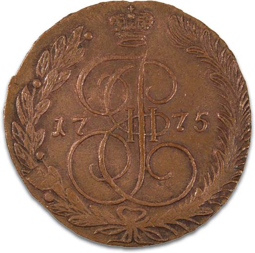 Картина  1775 г. 5 копеек ЕМ. Медь. Вес 44,2 гр. Состояние UNC-. Уздеников №2735.  