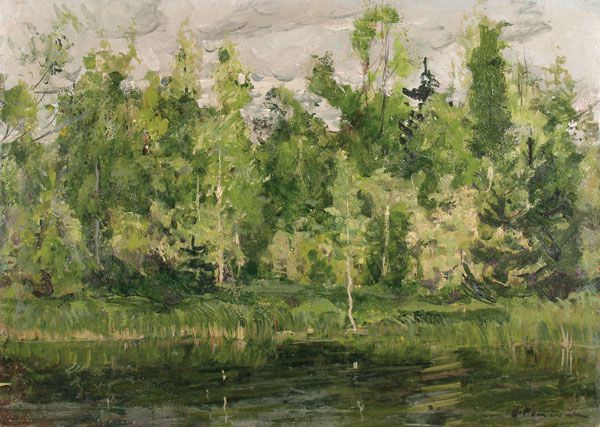 Картина Ромадин Н.М. Лесная заводь. 1960-е гг. Картон, масло.