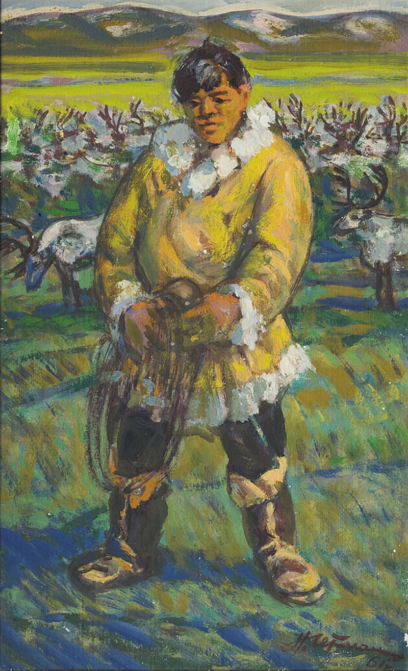Картина Гетман Н.И. Оленевод в Кухлянке. 1961 г. Картон, масло.