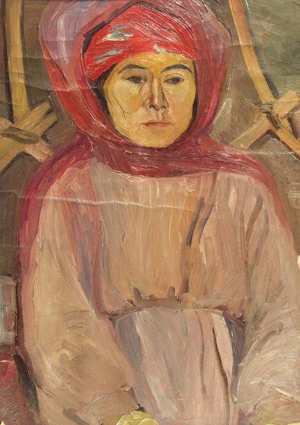 Картина Гиппиус Т.А. Каракалпачка в красном платке.  Бумага, масло.