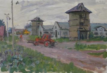 Картина Модоров Ф.А. Колхозный двор.  Картон, масло.