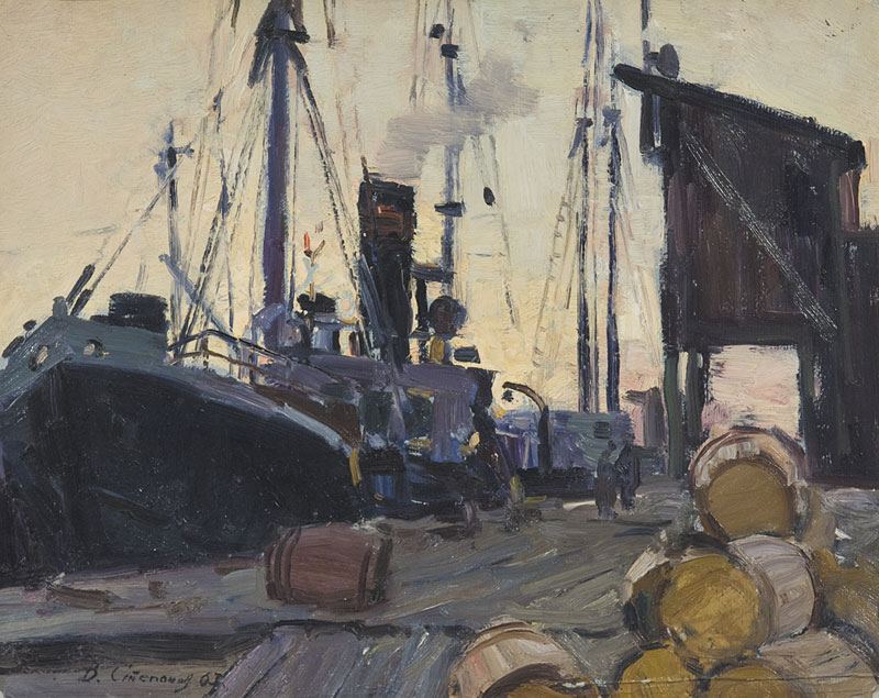 Картина Степанов В.А. В рыболовном порту. 1963 г. Картон, масло.