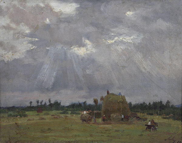 Картина Левитин А.П. Уборка сена. 1953 г. Холст на картоне, масло.