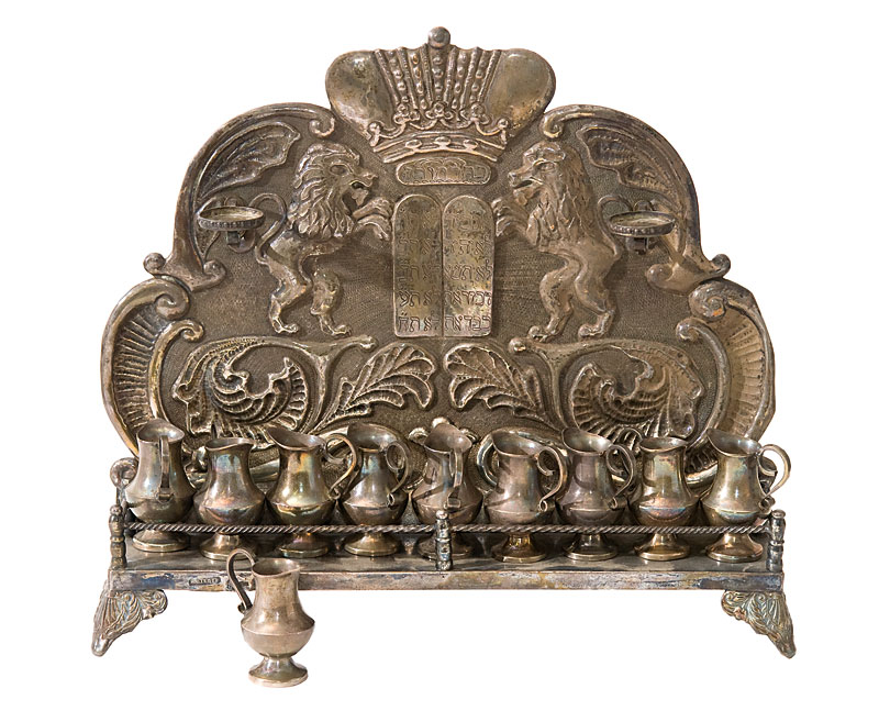 Hanukkah lamp with lions and crown.