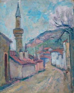Картина Глускин А.М. Минарет в серый день. 1966 г. Картон, масло.