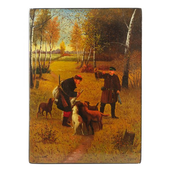 Картина * Федоскино, Давыдов П.Н. Шкатулка «Охотники». 1950 г. Папье-маше, роспись, масло, лак.