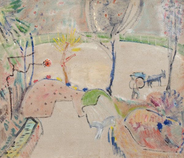 Картина Поляков В.И. Пейзаж с осликом. 1962 г. Оргалит, темпера.