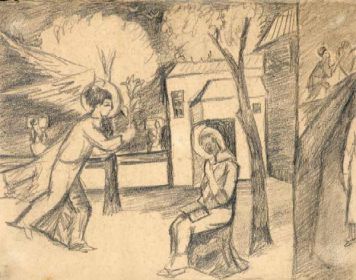 Картина Гончарова Н.С. Благовещение. Начало 1910-х гг. Бумага с тисненой маркой, графитный карандаш.