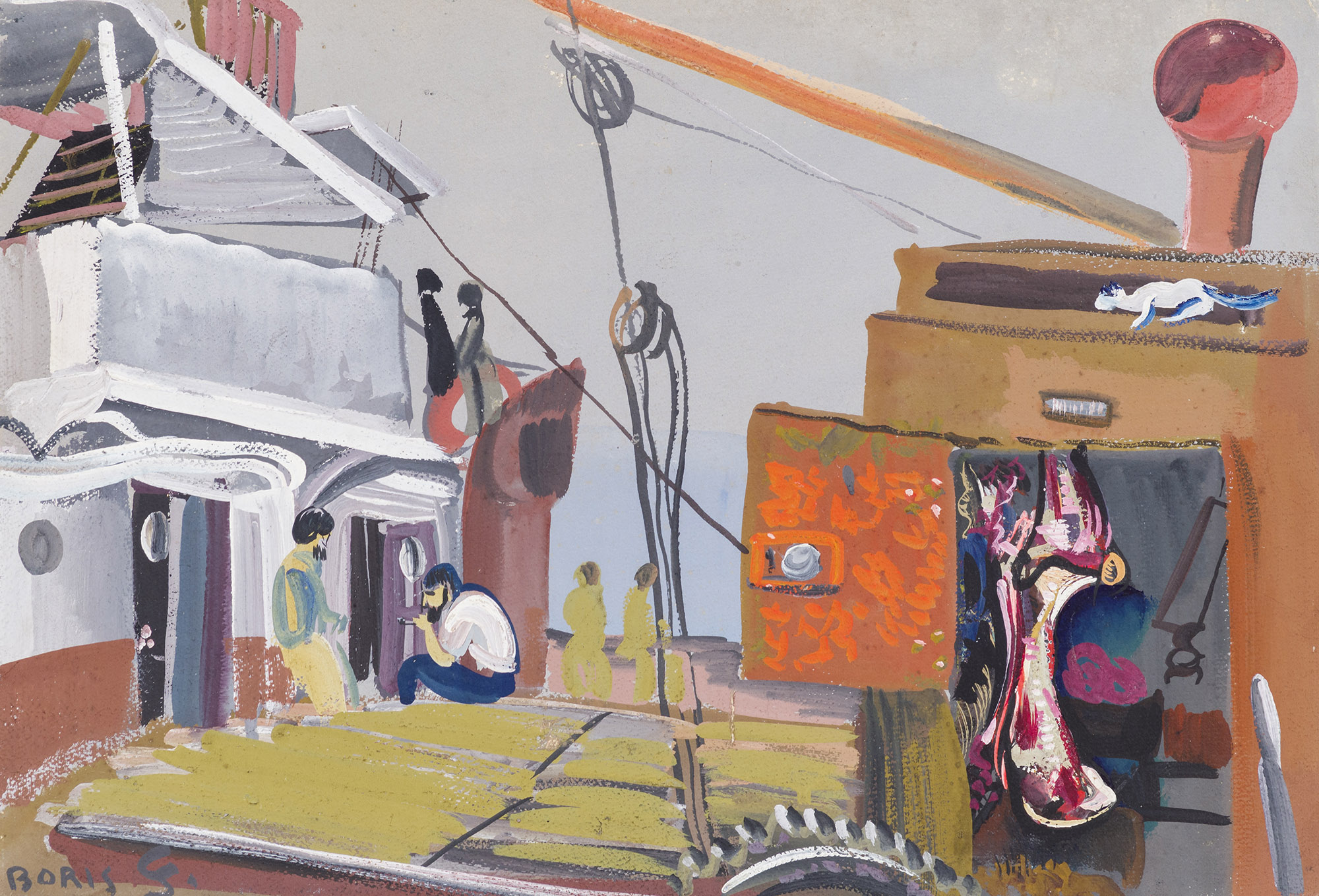Картина Григорьев Б.Д. На барже. В порту. 1937 г. Картон, гуашь, белила.