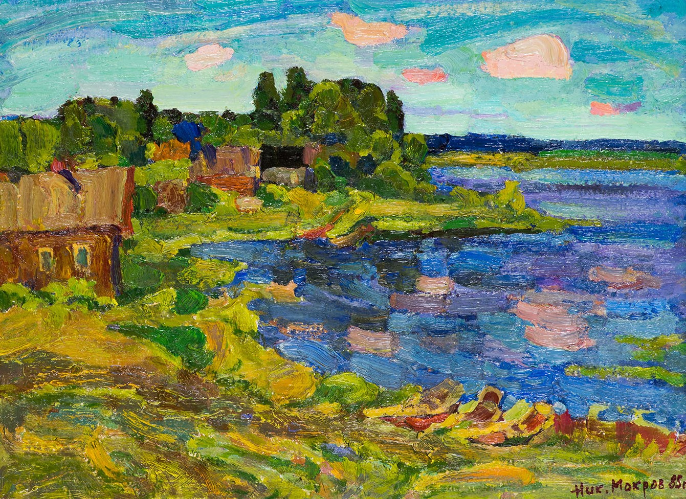 Картина Мокров Н.А. Осенний день. Озеро Мста. 1985 г. Картон, масло.