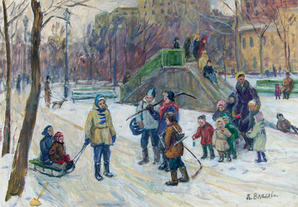 Картина Власова К.Ф. Во дворе. 1960-е гг. Картон, масло.