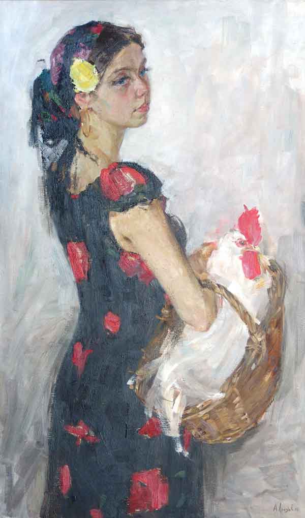 Картина Дроздов А.Ю. Девушка с петухом. 2003 г. Холст, масло.