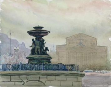 Картина Ромодановская А.А. Фонтан Большого театра. 1950-е гг. Бумага, акварель, карандаш.