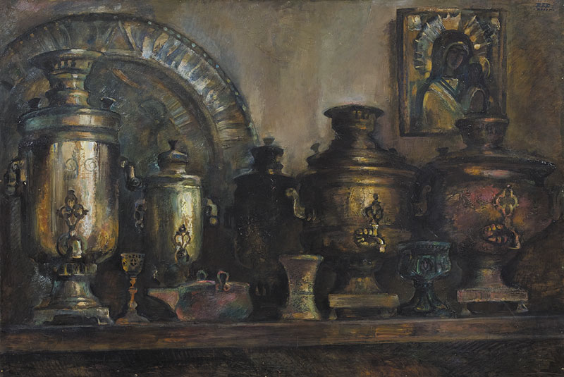 Картина Вышлов В.В. Самовары. 2000 г. Картон, масло.