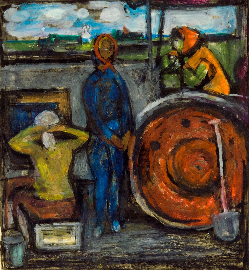 Картина Расторгуев Е.А. В колхозе. 1960-е гг. Бумага, пастель, акварель.