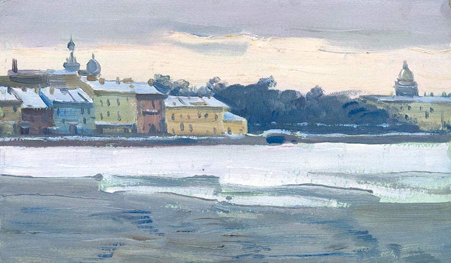 Картина Раздрогин И.А. На Неве. Зима.  Картон, масло.