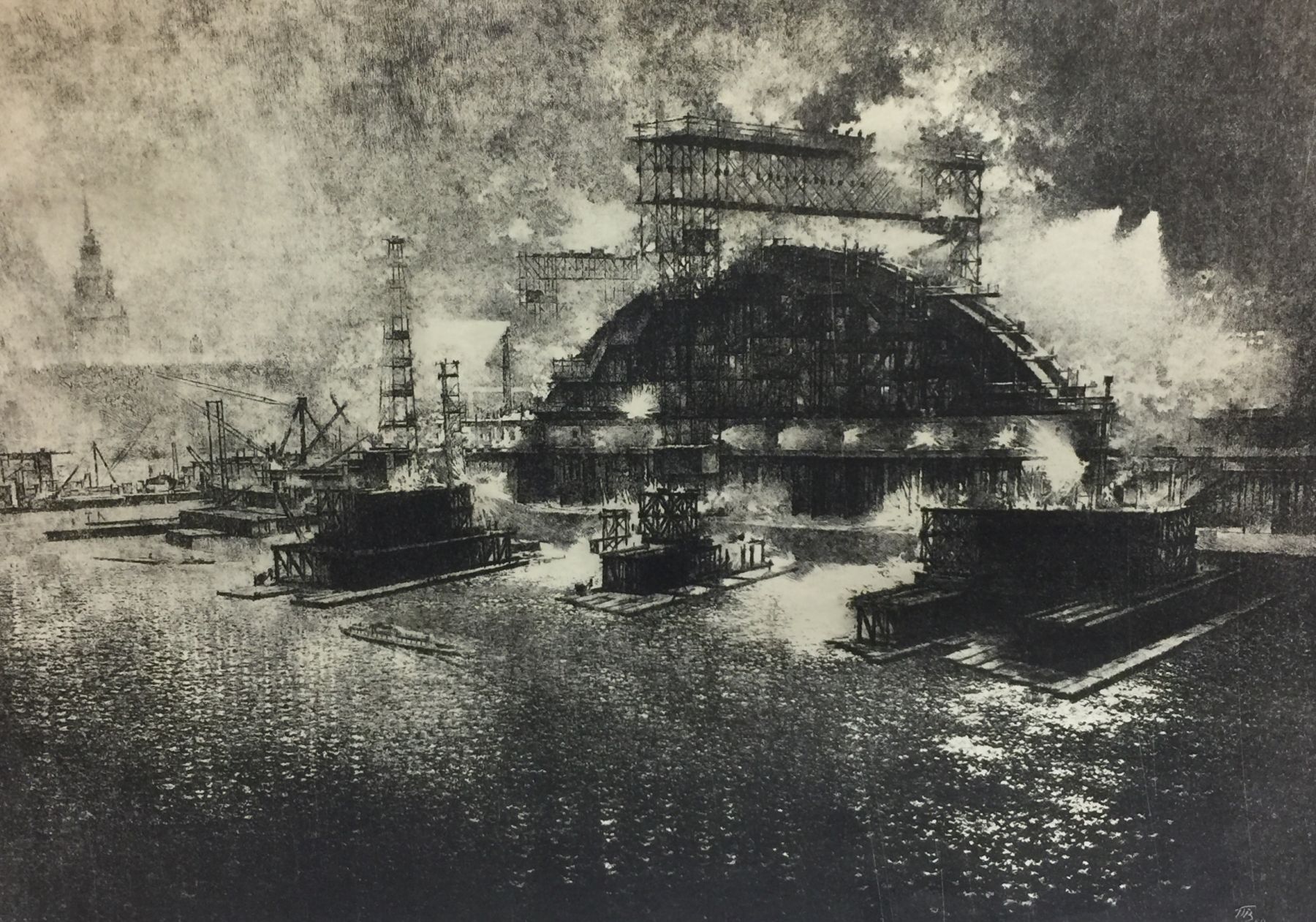Construction of a two-tier metro bridge in Moscow.