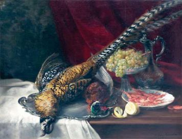 Still life with pheasant and fruit.