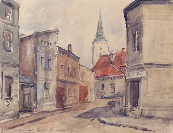 Картина Соколов Н.А. (Кукрыниксы) Улица в Польше. 1945 г. Бумага, акварель.